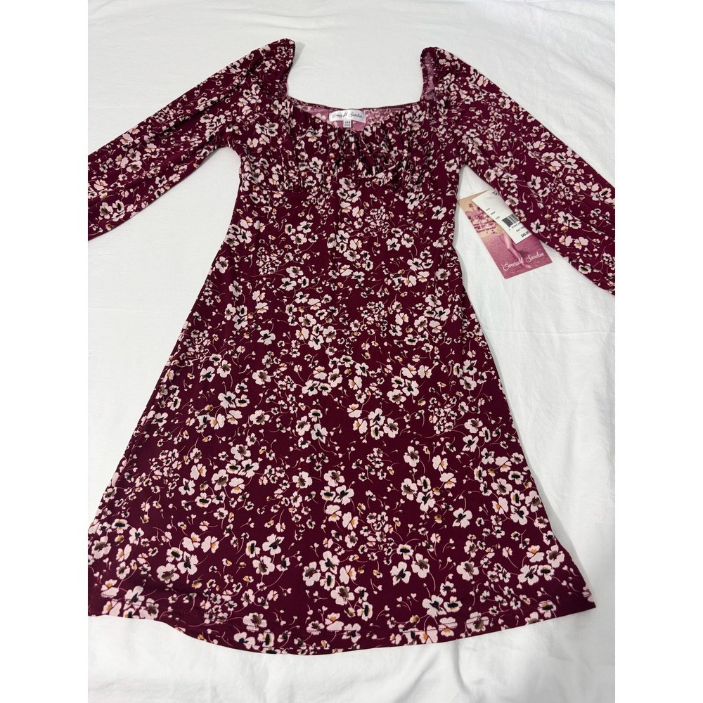 Emerald Sundae Burgundy Floral Long Sleeve Mini Dress XXS Sweetheart Tie Front